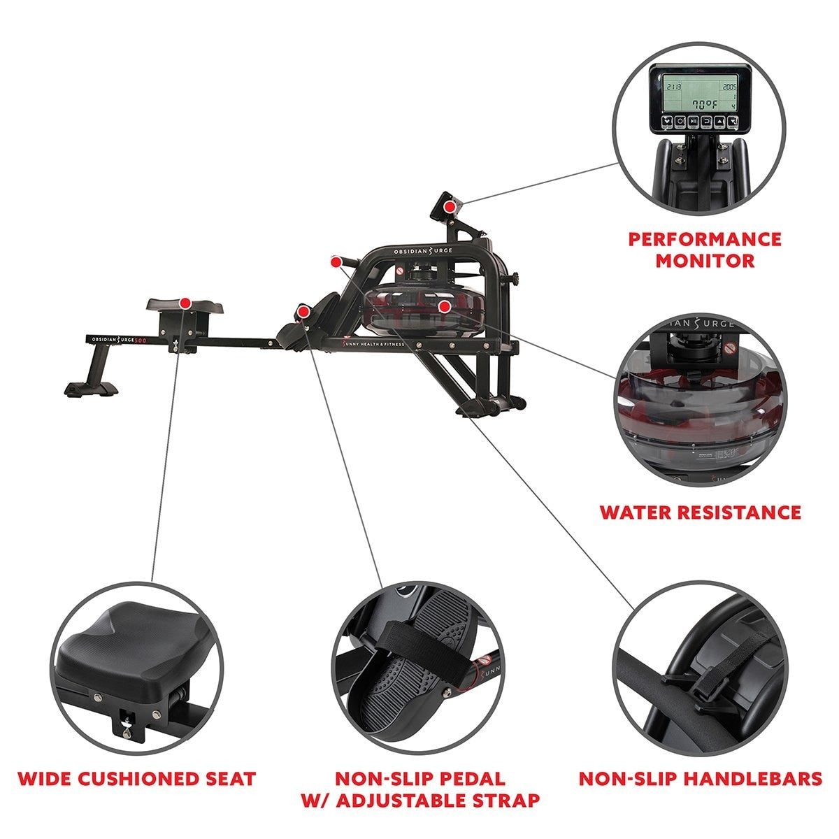 Sunny Health Fitness Obsidian Surge Water Rowing Machine -SF-RW5713