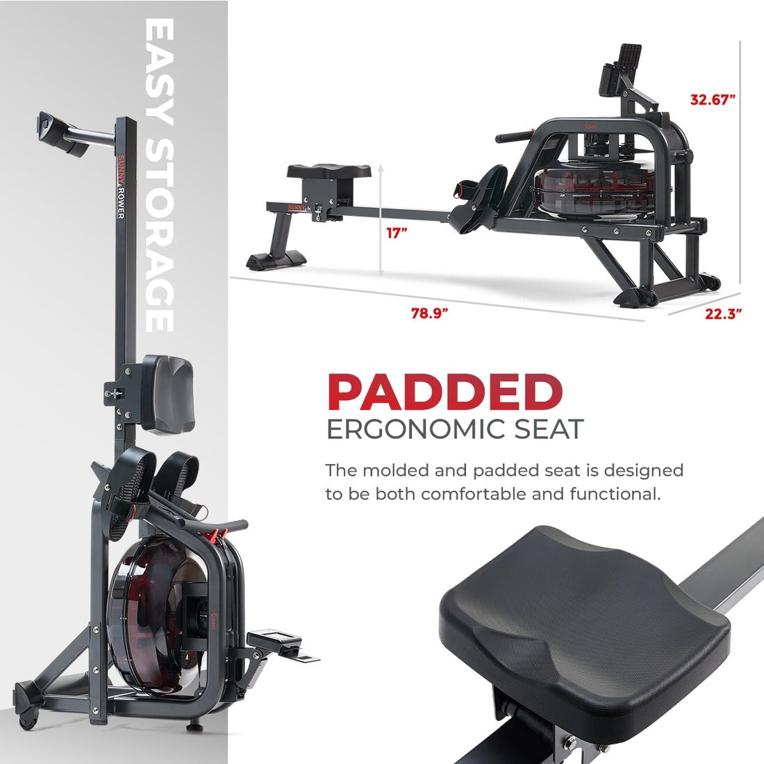 Sunny Health Fitness Smart Obsidian Surge Water Rower - SF-RW5713SMART