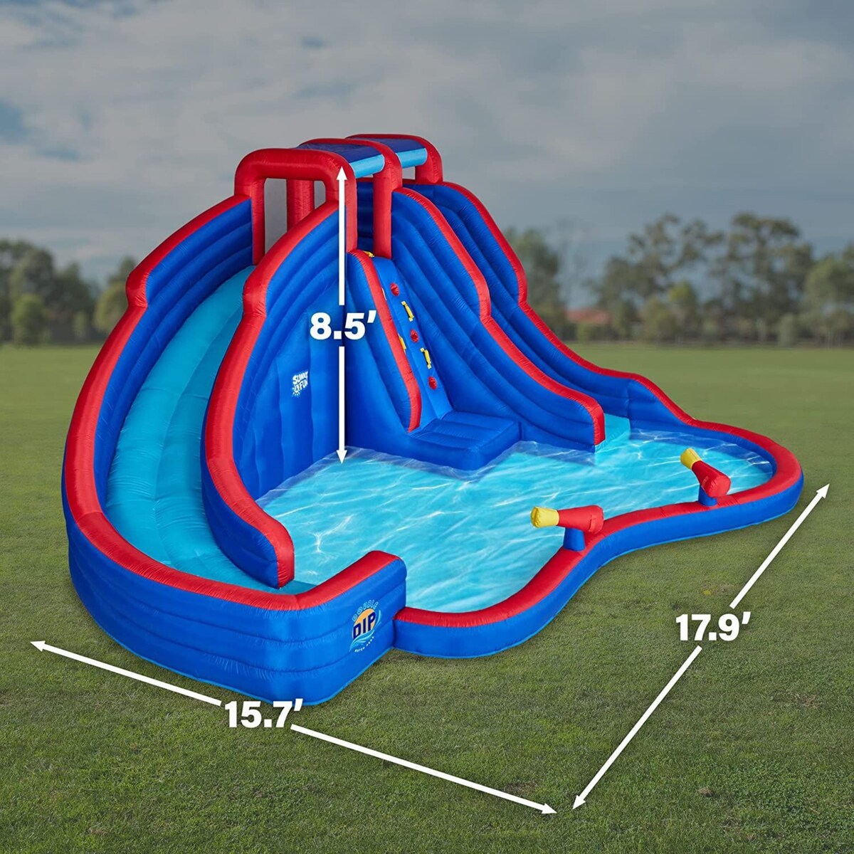Sunny & Fun Double Dip Inflatable Water Slide Park & Blow up Pool with Air Pump - Blue
