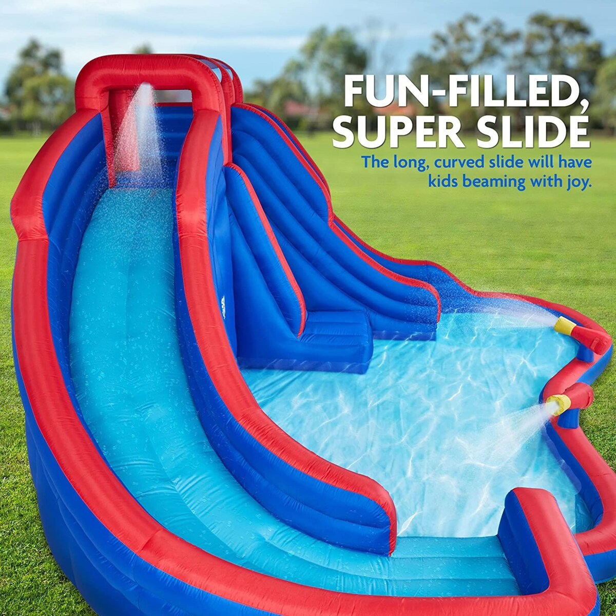 Sunny & Fun Double Dip Inflatable Water Slide Park & Blow up Pool with Air Pump - Blue