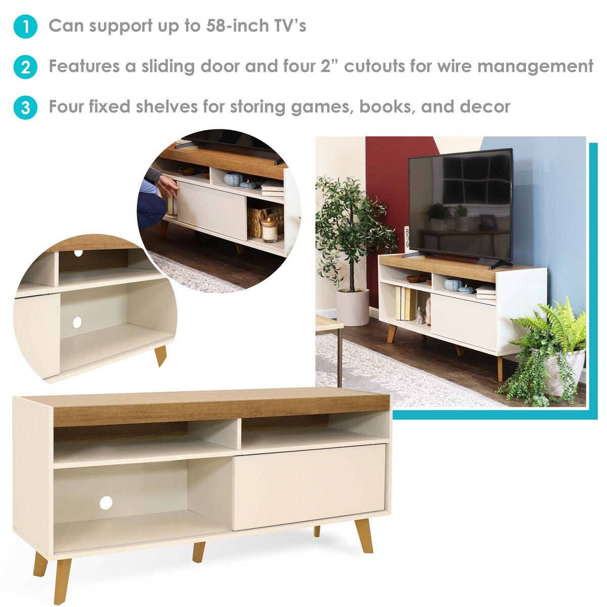 Sunnydaze Mid-Century Modern TV Stand Console for 58" TV with Cabinet