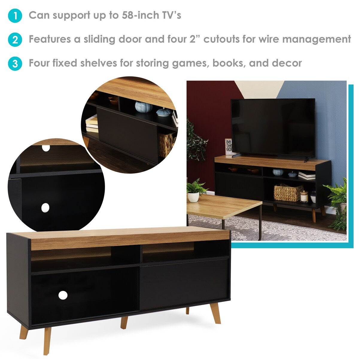 Sunnydaze Mid-Century Modern TV Stand Console for 58" TV with Cabinet