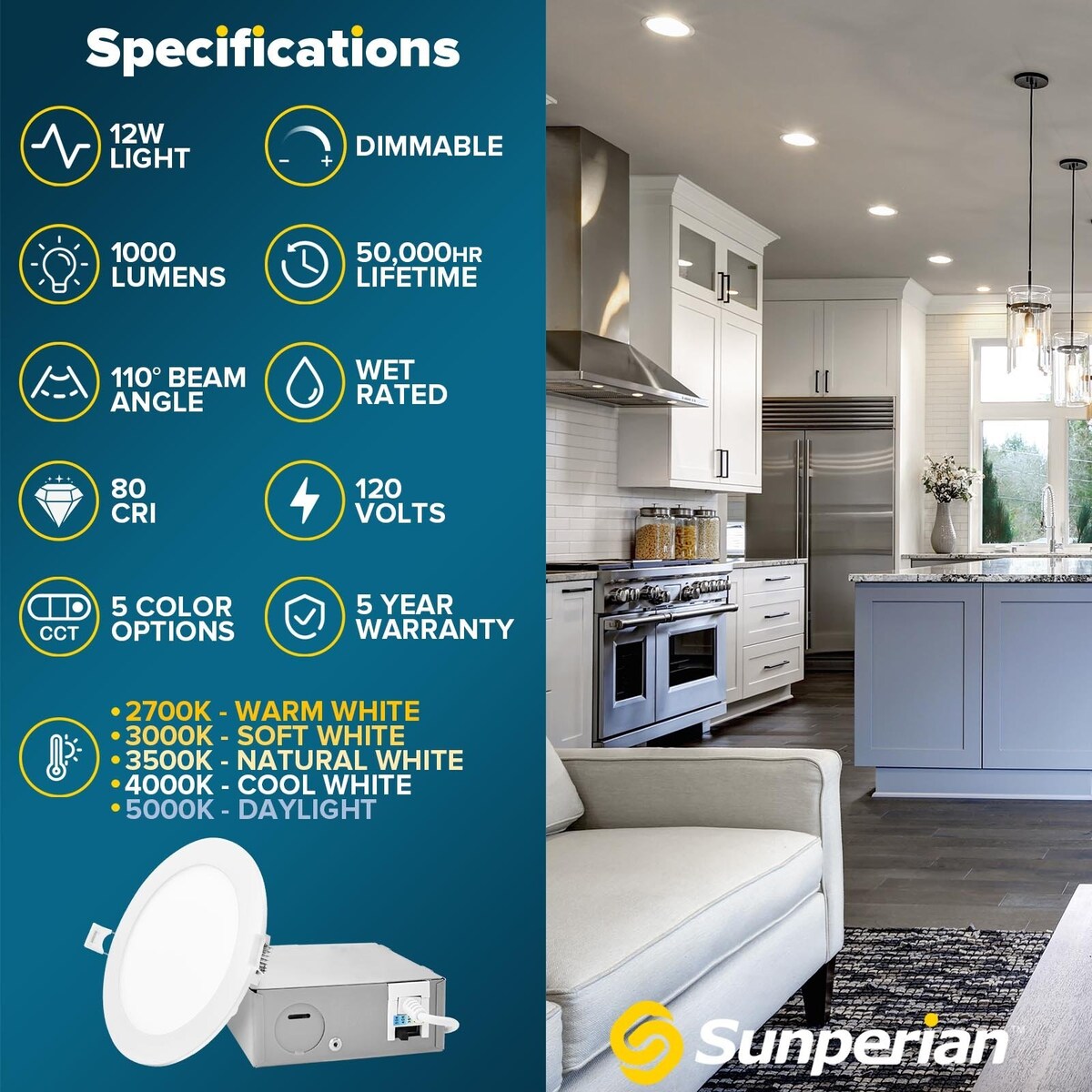 Sunperian 6 inch Ultra-Thin LED Recessed Light J-Box 5 Color Options 12W 1000 Lumens Dimmable Wet Rated ETL 4 Pack