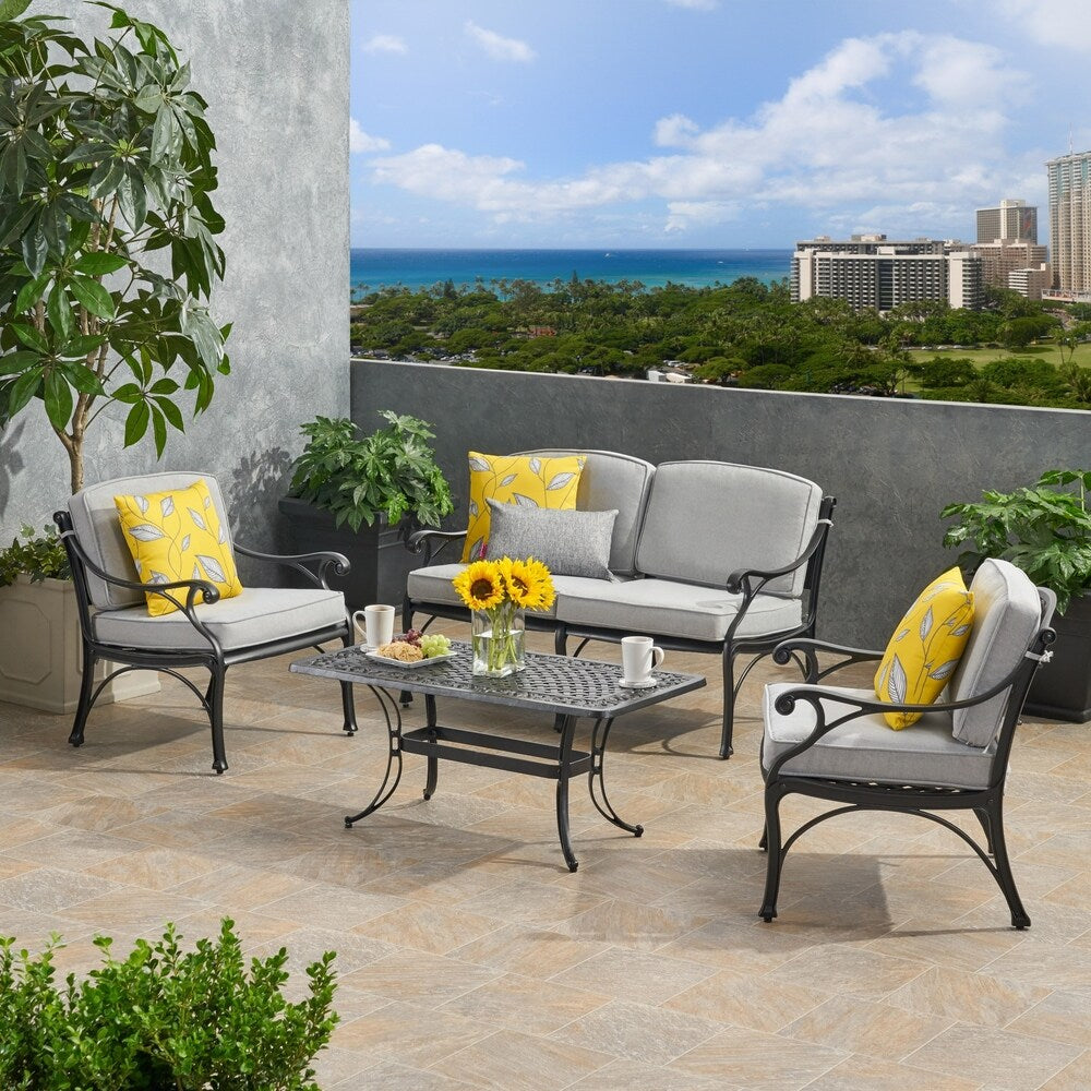 Sunshine Outdoor 4 Seater Aluminum Club Chair Set With Coffee Table and Loveseat by Christopher Knight Home
