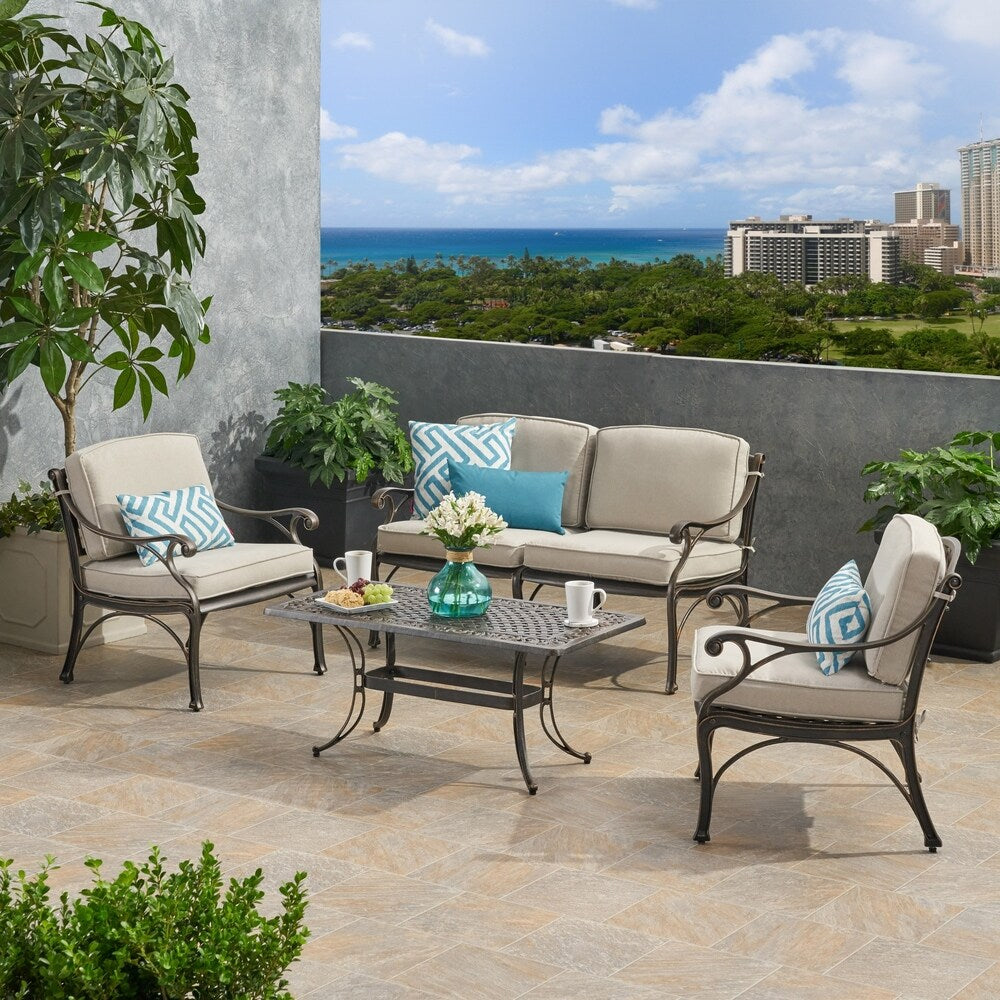 Sunshine Outdoor 4 Seater Aluminum Club Chair Set With Coffee Table and Loveseat by Christopher Knight Home