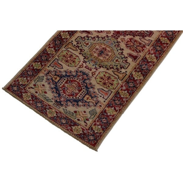 Super Kazak Salome Ivory/Red Hand-knotted Wool Rug - 2'6 x 8'6 - 2'6" x 8'6" - 2'6" x 8'6"