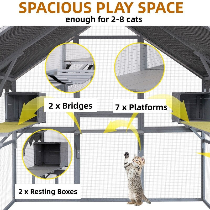 Super Large Cat Run House Outdoor,Luxury Cat Cage,Multiple Zones for Pets' Walking