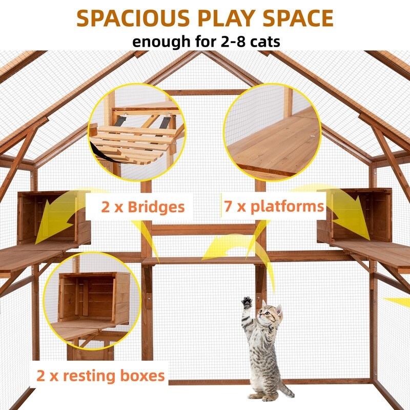 Super Large Cat Run House Outdoor,Luxury Cat Cage,Multiple Zones for Pets' Walking