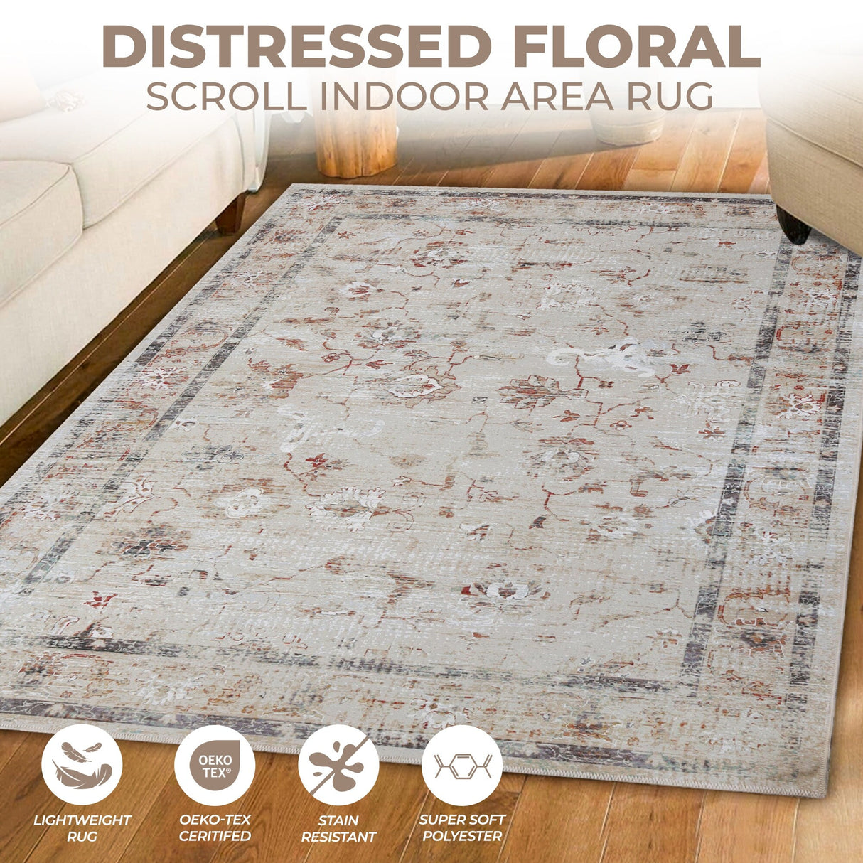 Superior Swan Floral Non-Slip Machine Washable Indoor Area Rug or Runner