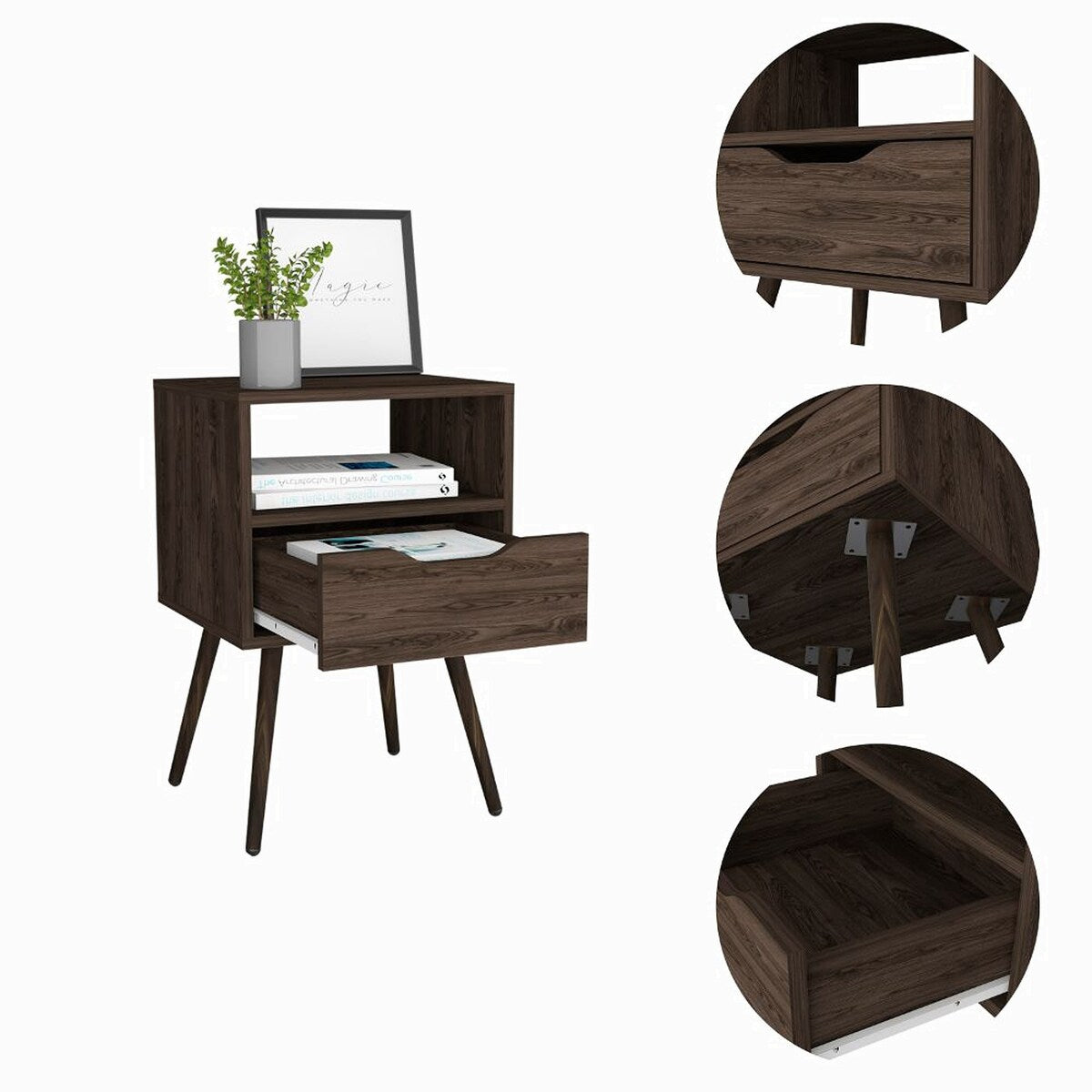 Superior Top Nightstand ,One Open Shelf, One Drawer, Four Legs