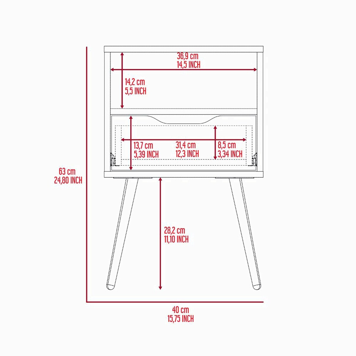 Superior Top Nightstand ,One Open Shelf, One Drawer, Four Legs