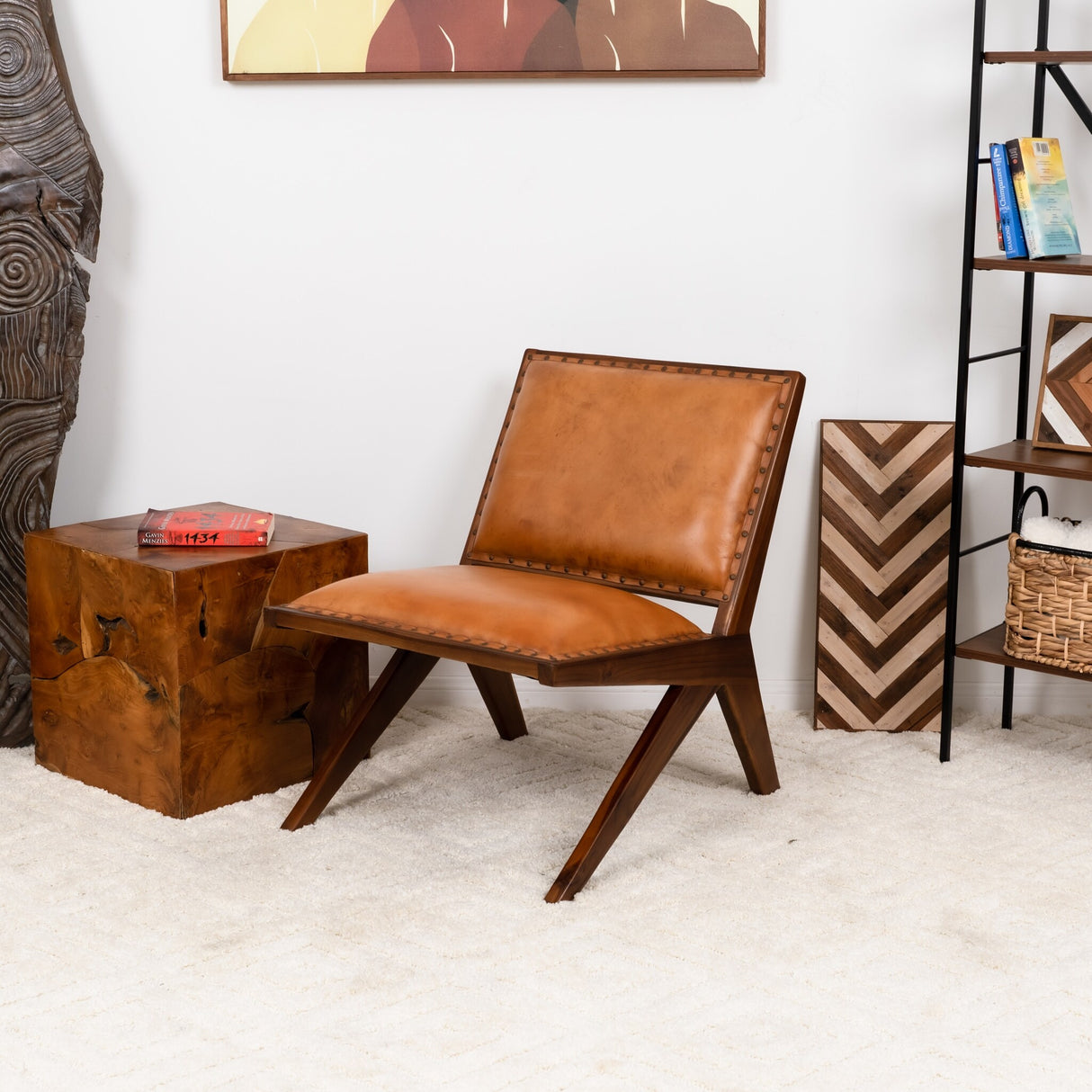 Susan Mid Century Modern Furniture Style Wide Top Leather Tan Comfy Armchair