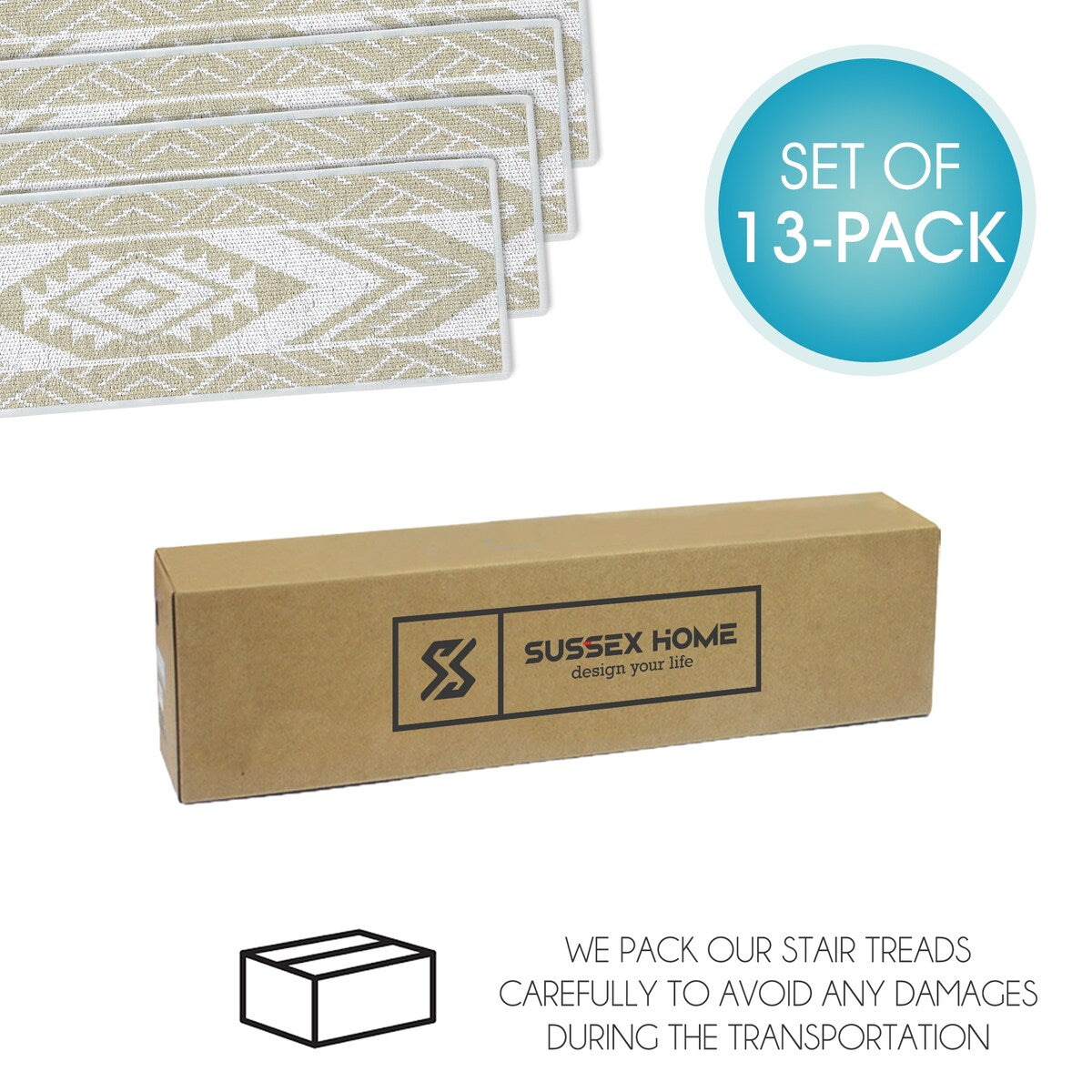 SussexHome Memorial Design 9" X 28" Stair Treads - 70% Cotton Anti-Slip Carpet Strips for Stairs-with Double Adhesive Tape