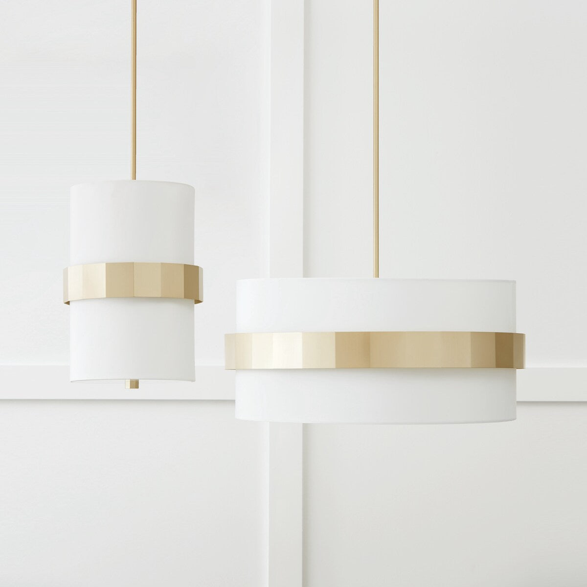 Sutton 2-light Soft Gold Drum Pendant w/ White Fabric Shade & Frosted Glass Diffuser