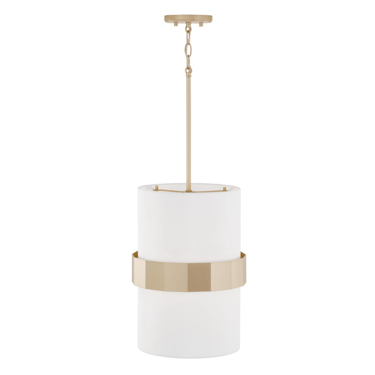 Sutton 2-light Soft Gold Drum Pendant w/ White Fabric Shade & Frosted Glass Diffuser