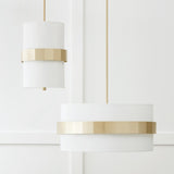 Sutton 2-light Soft Gold Drum Pendant w/ White Fabric Shade & Frosted Glass Diffuser