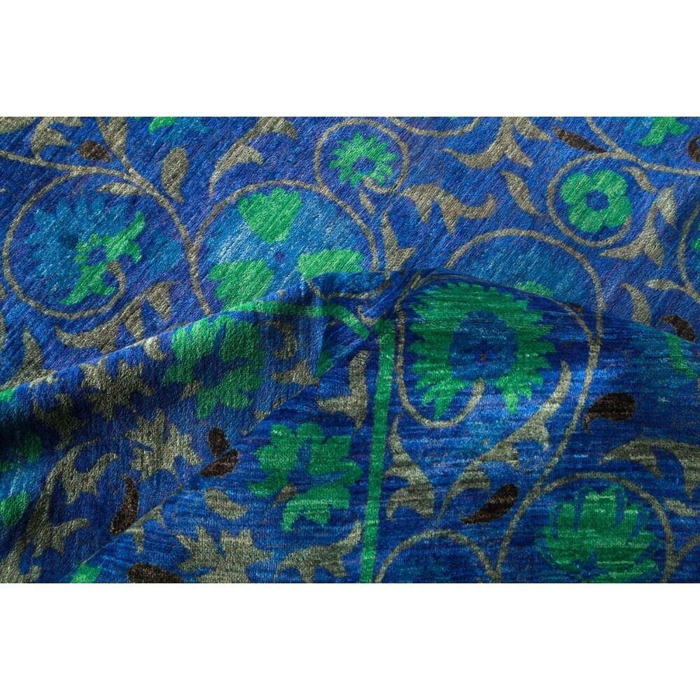 Patterned & Floral, One-of-a-Kind Hand-Knotted Area Rug - Blue, 10' 3" x 13' 10" - 10 x 14