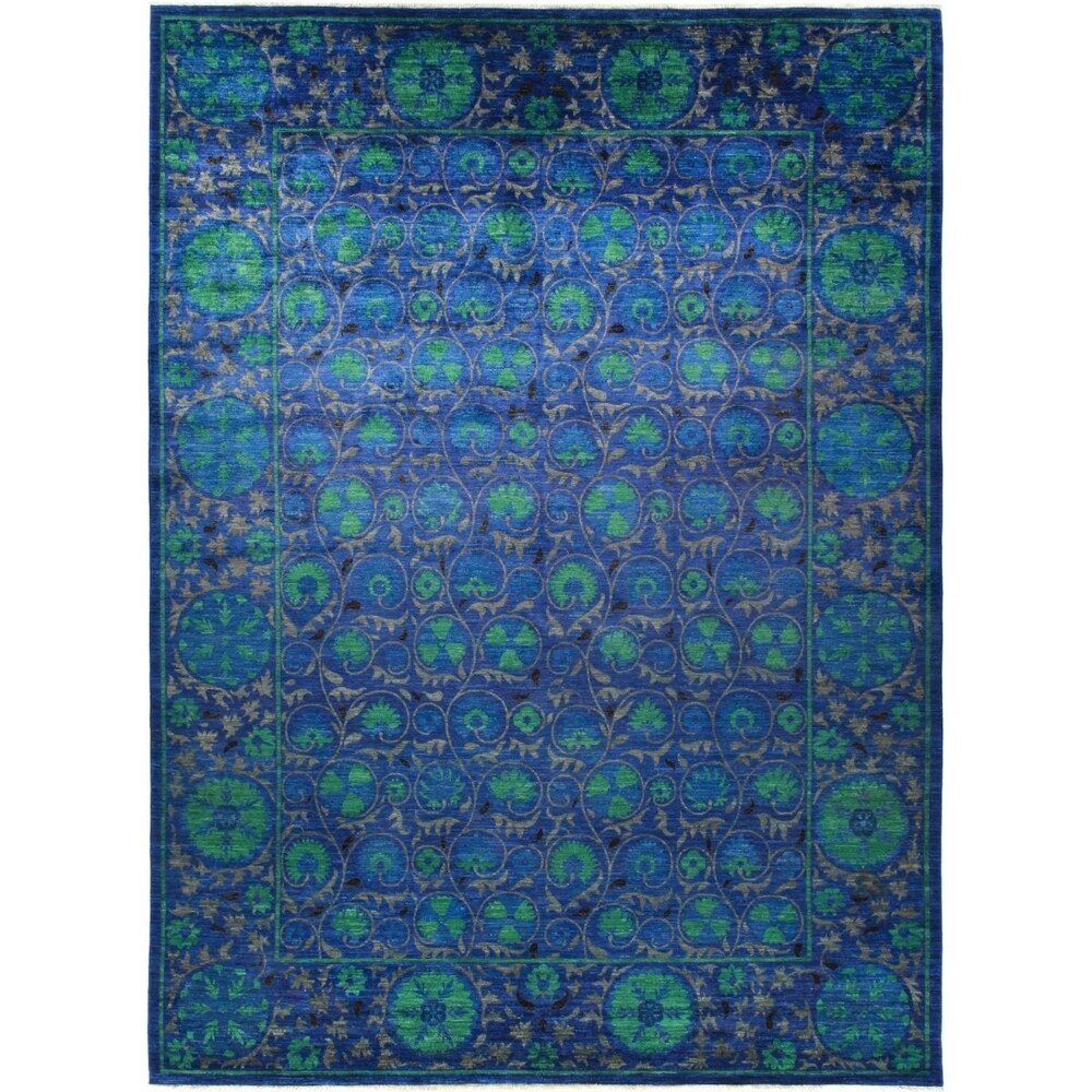 Patterned & Floral, One-of-a-Kind Hand-Knotted Area Rug - Blue, 10' 3" x 13' 10" - 10 x 14