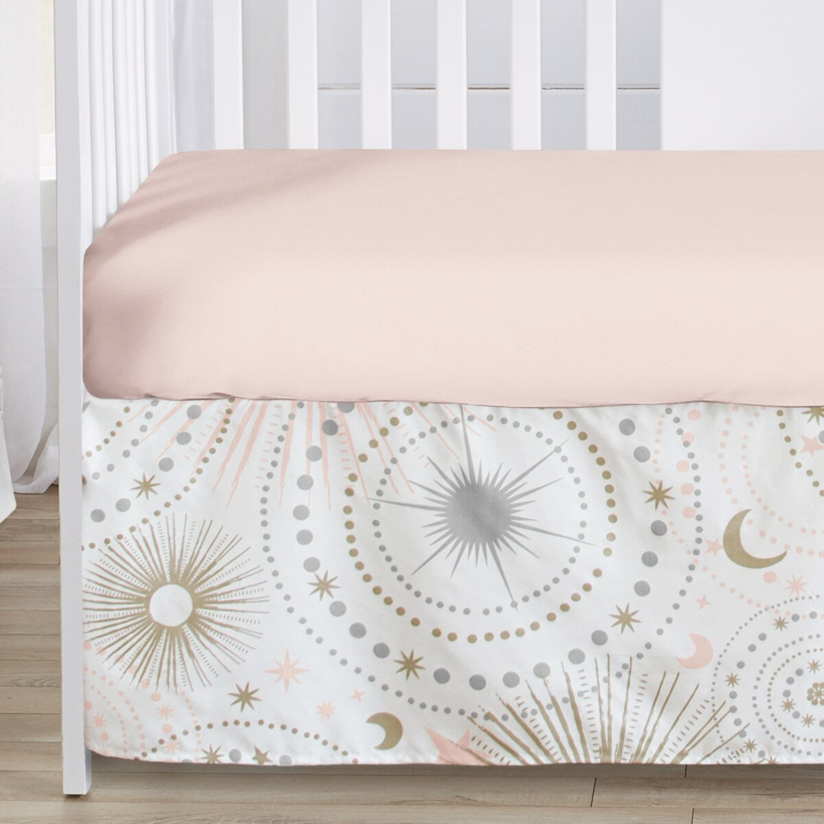 Sweet Jojo Designs Blush Pink Gold Star and Moon Girl 5-piece Nursery Crib Bedding Set Grey Celestial Sky Stars Gray Shabby Chic