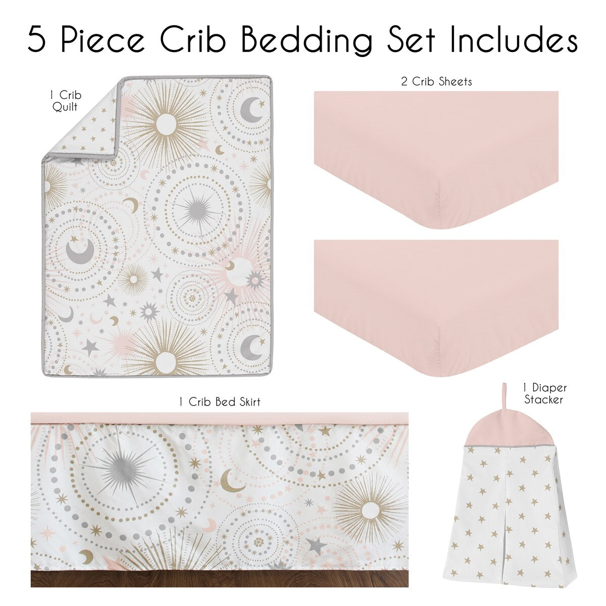Sweet Jojo Designs Blush Pink Gold Star and Moon Girl 5-piece Nursery Crib Bedding Set Grey Celestial Sky Stars Gray Shabby Chic