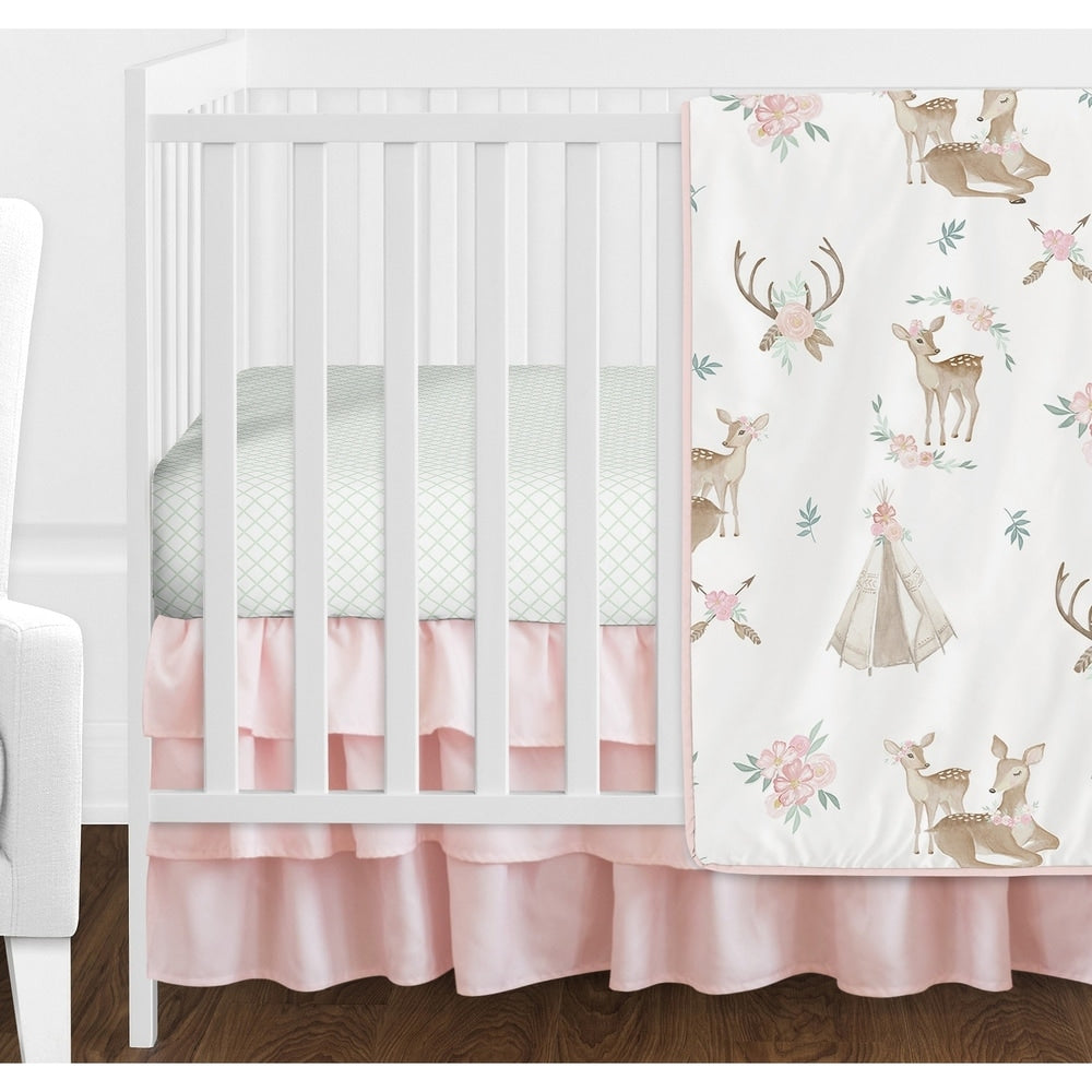 Sweet Jojo Designs Blush Pink Mint White Boho Watercolor Woodland Deer Floral Collection Girl 11-piece Crib Bedding Set