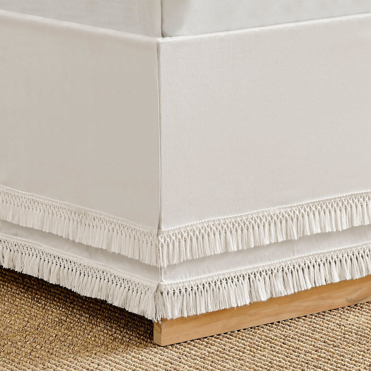Sweet Jojo Designs Ivory Bohemian Boho Chic Queen Bed Skirt Farmhouse Minimalist Knotted Macrame Tuft Trim Tassel Fringe Cotton