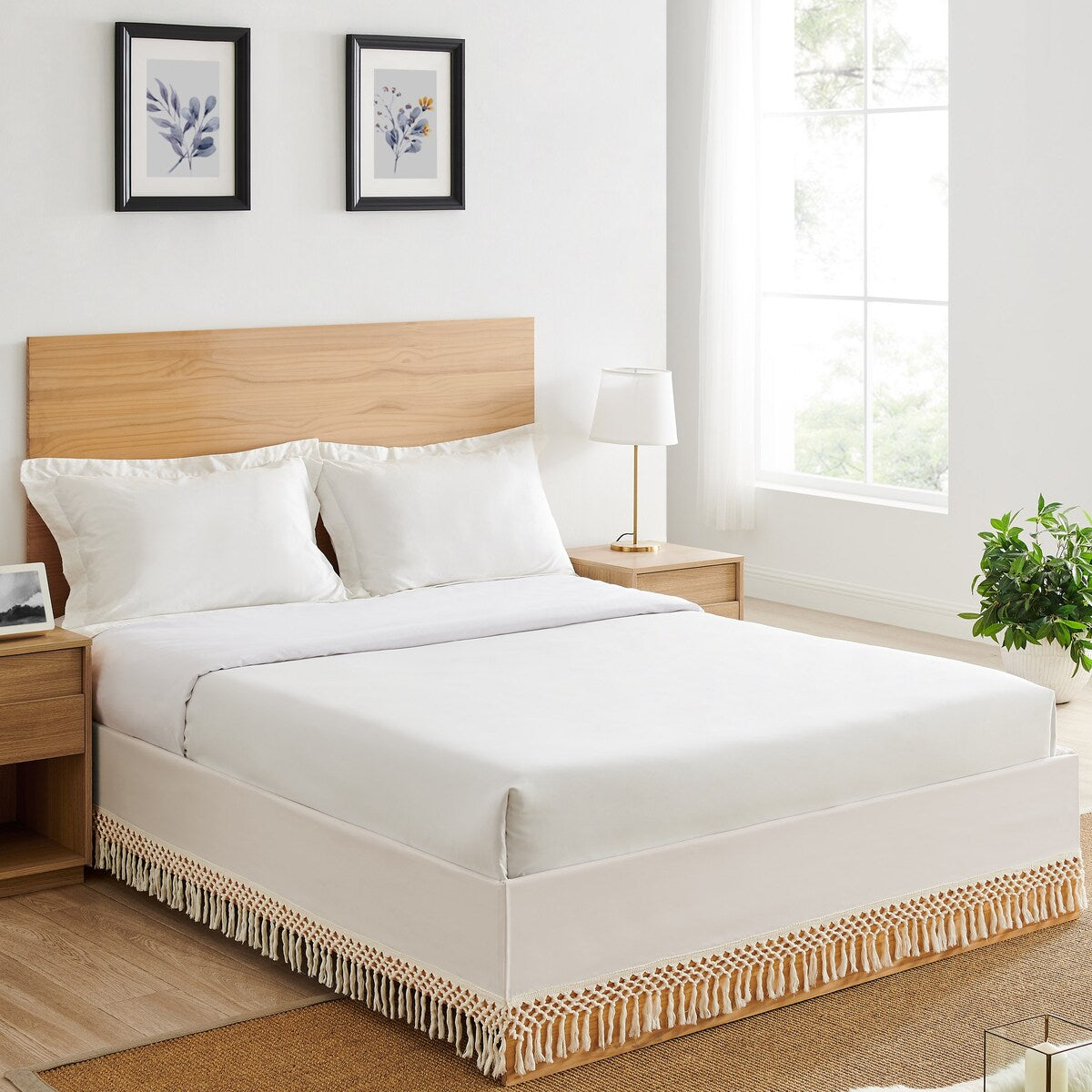 Sweet Jojo Designs Ivory Bohemian Boho Chic Queen Bed Skirt Farmhouse Minimalist Knotted Macrame Tufted Tassel Fringe Cotton