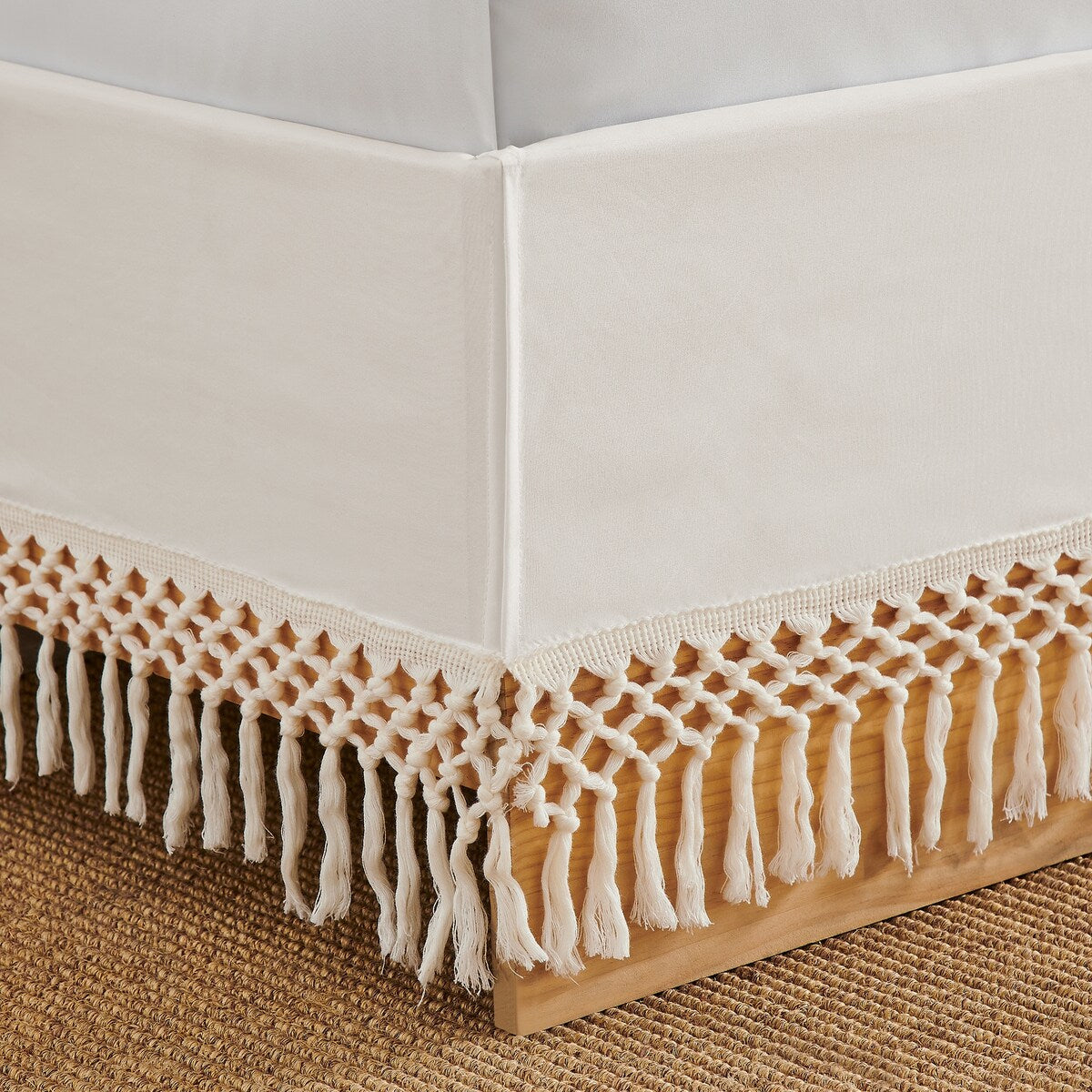 Sweet Jojo Designs Ivory Bohemian Boho Chic Queen Bed Skirt Farmhouse Minimalist Knotted Macrame Tufted Tassel Fringe Cotton