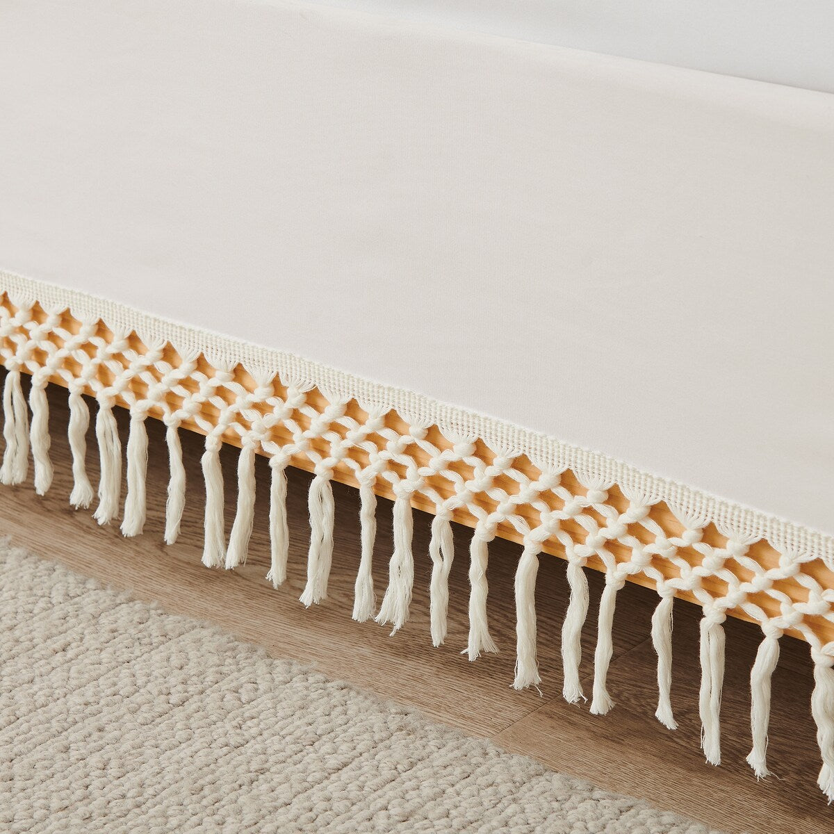 Sweet Jojo Designs Ivory Bohemian Boho Chic Queen Bed Skirt Farmhouse Minimalist Knotted Macrame Tufted Tassel Fringe Cotton