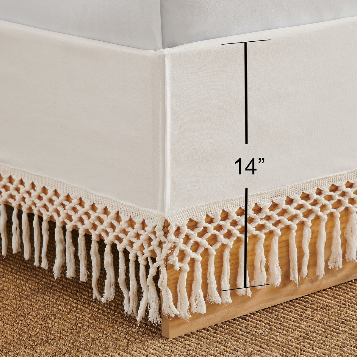 Sweet Jojo Designs Ivory Bohemian Boho Chic Queen Bed Skirt Farmhouse Minimalist Knotted Macrame Tufted Tassel Fringe Cotton
