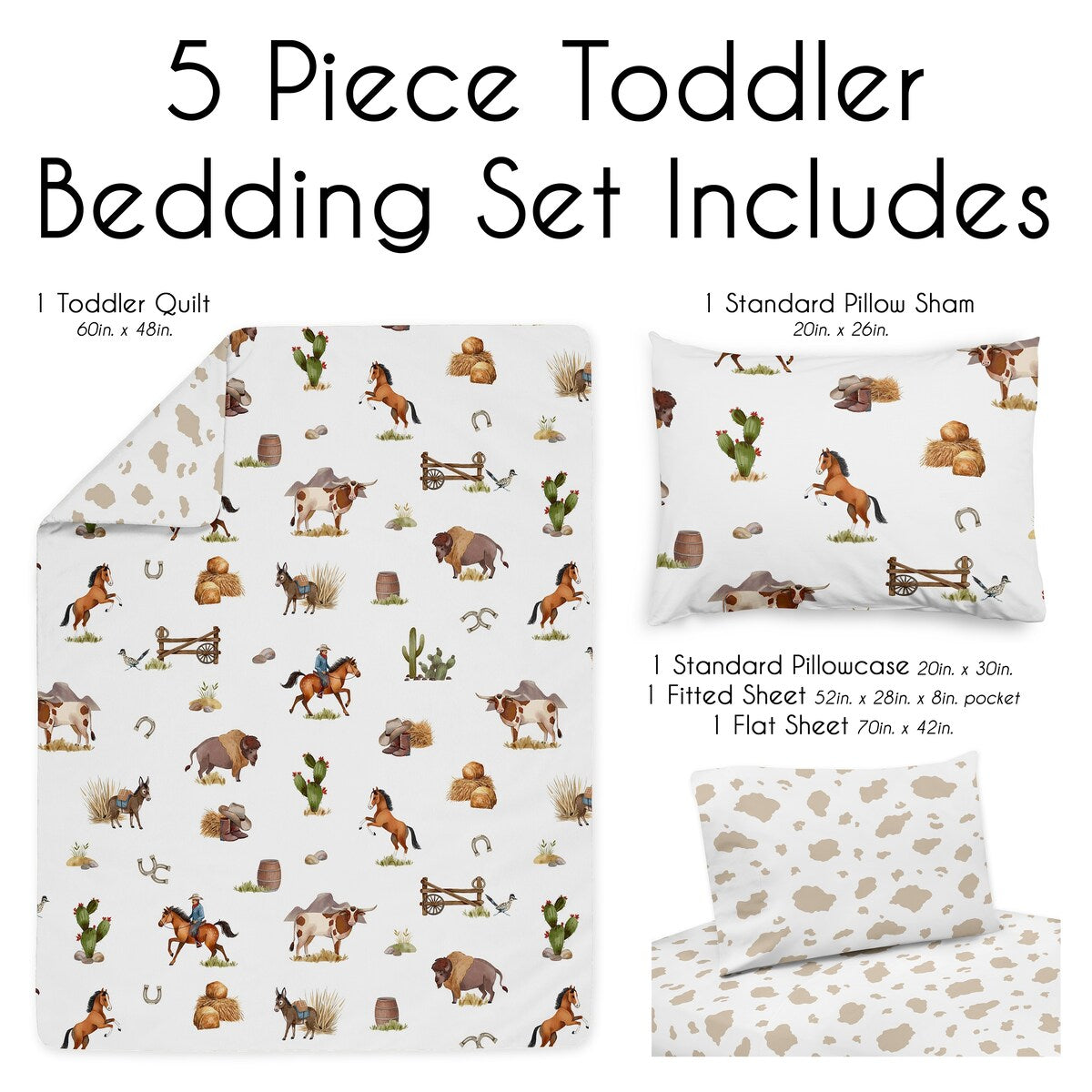Sweet Jojo Designs Western Cowboy Boy 5-piece Toddler-size Comforter Set Wild West Cow Southern Country South Horse Farm Animal