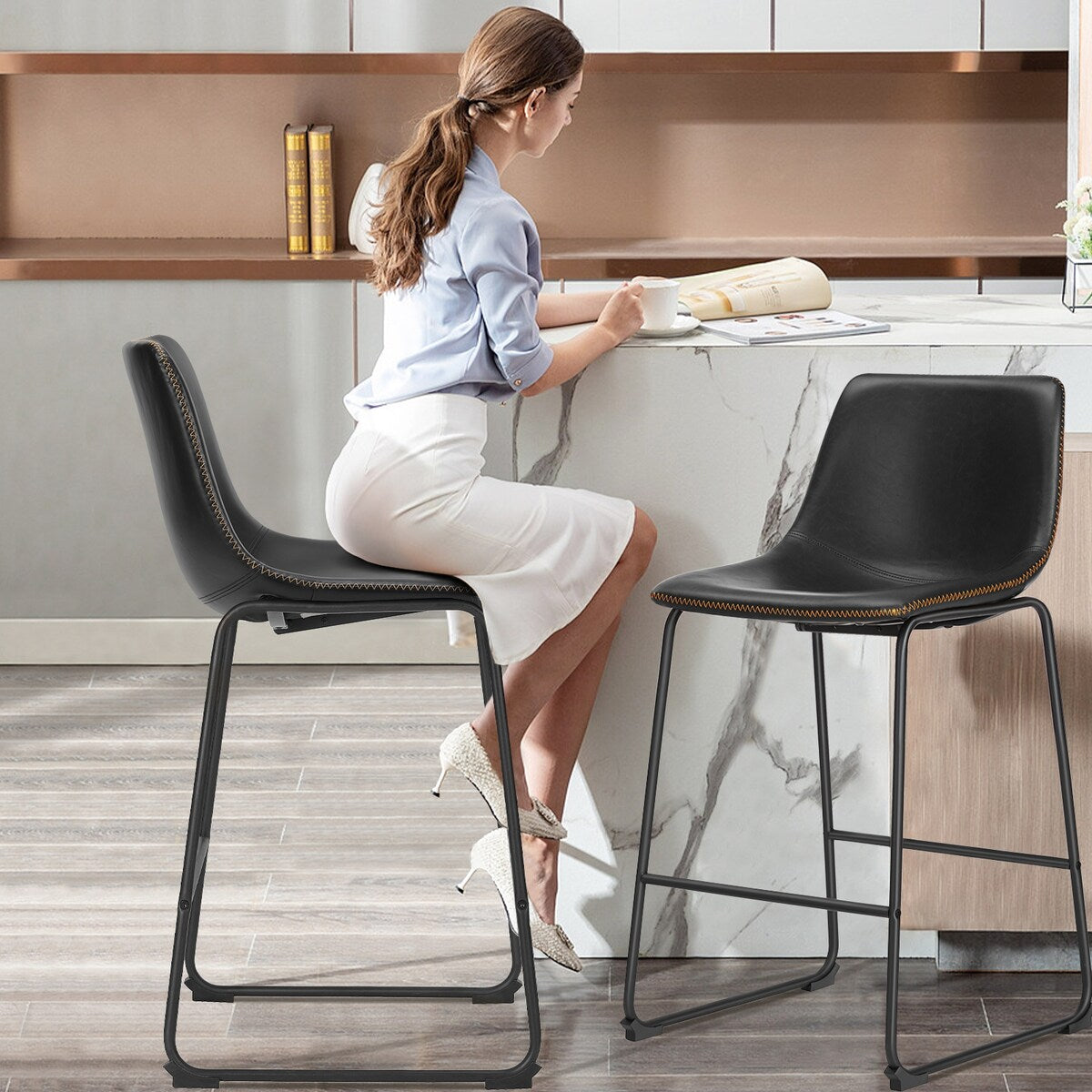 Sweetcrispy 26 inch Counter Height Bar Stools Set of 2 Leather Barstool with Back and Metal Leg for Living Room