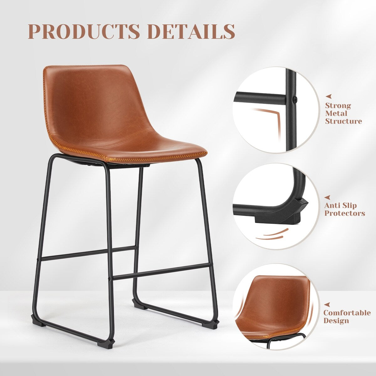Sweetcrispy 26 inch Counter Height Bar Stools Set of 2 Leather Barstool with Back and Metal Leg for Living Room