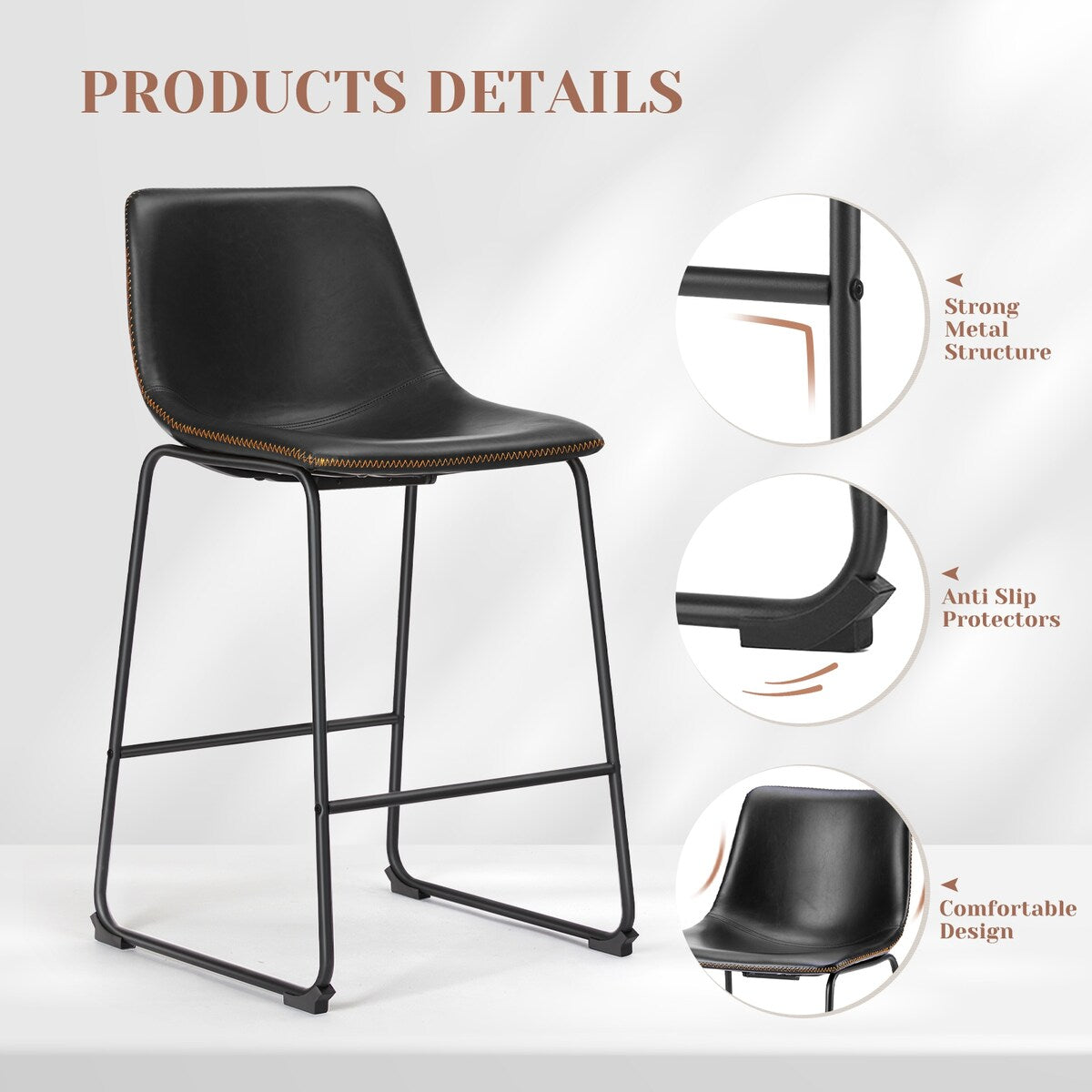 Sweetcrispy 26 inch Counter Height Bar Stools Set of 2 Leather Barstool with Back and Metal Leg for Living Room