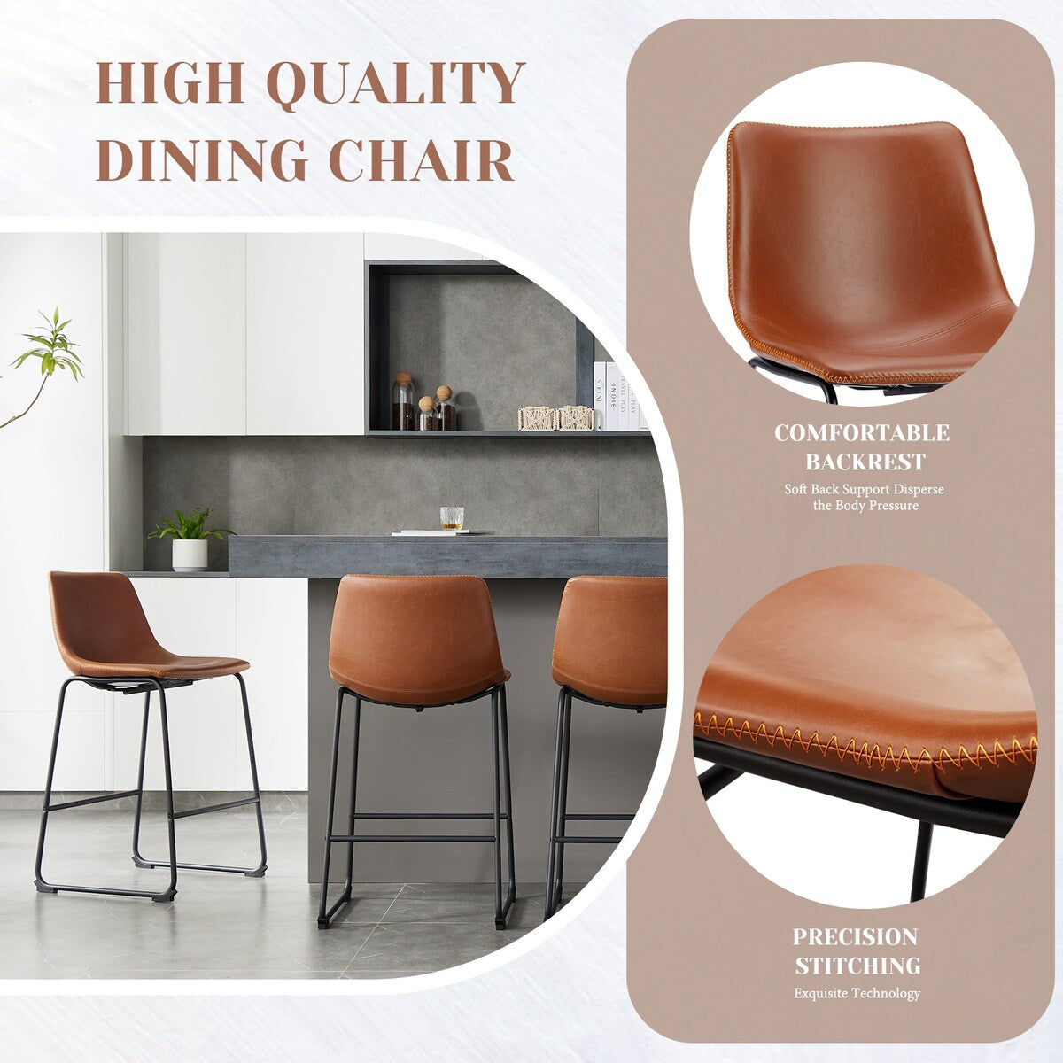 Sweetcrispy 26 inch Counter Height Bar Stools Set of 2 Leather Barstool with Back and Metal Leg for Living Room