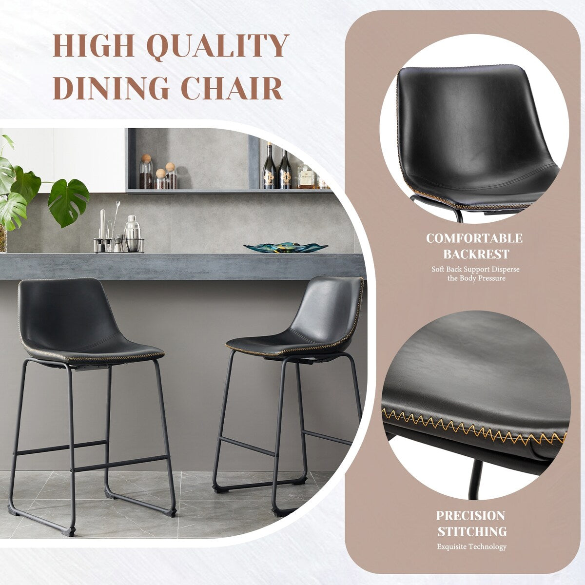 Sweetcrispy 26 inch Counter Height Bar Stools Set of 2 Leather Barstool with Back and Metal Leg for Living Room