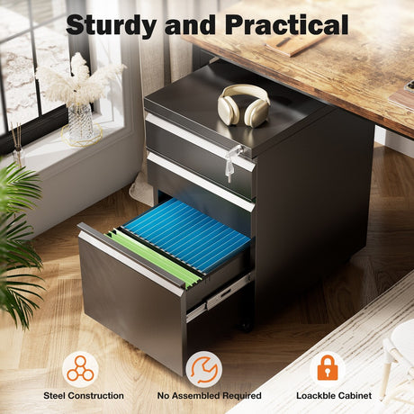 Sweetcrispy File Cabinet - 3 Drawer File Cabinet with Lock, Mobile Rolling File Cabinet, Under Desk File Cabinet