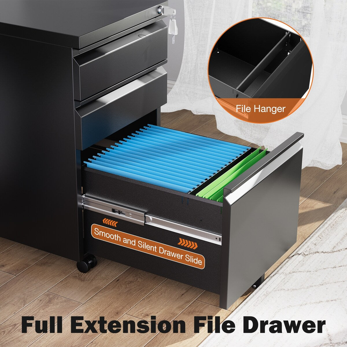 Sweetcrispy File Cabinet - 3 Drawer File Cabinet with Lock, Mobile Rolling File Cabinet, Under Desk File Cabinet