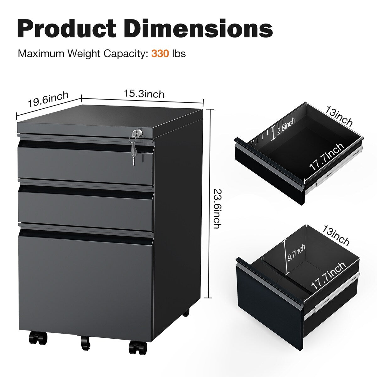 Sweetcrispy File Cabinet - 3 Drawer File Cabinet with Lock, Mobile Rolling File Cabinet, Under Desk File Cabinet