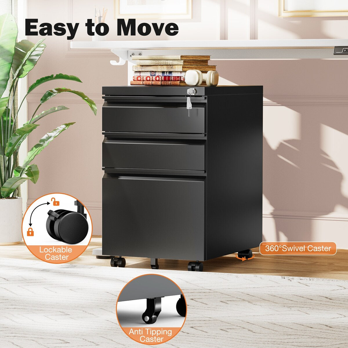 Sweetcrispy File Cabinet - 3 Drawer File Cabinet with Lock, Mobile Rolling File Cabinet, Under Desk File Cabinet