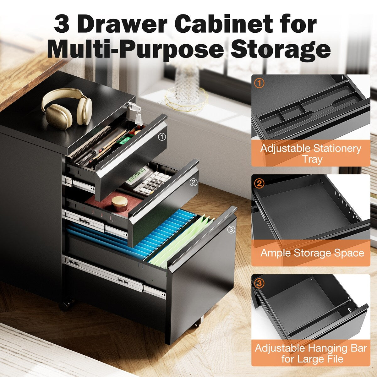 Sweetcrispy File Cabinet - 3 Drawer File Cabinet with Lock, Mobile Rolling File Cabinet, Under Desk File Cabinet
