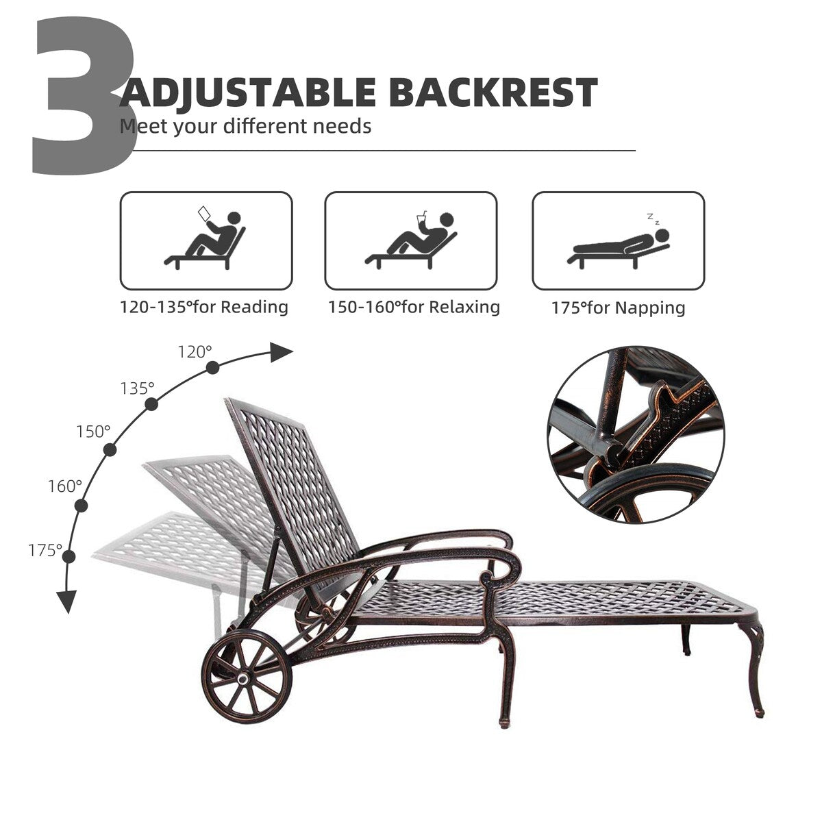 Swimming pool recliner, cast aluminum recliner with wheels