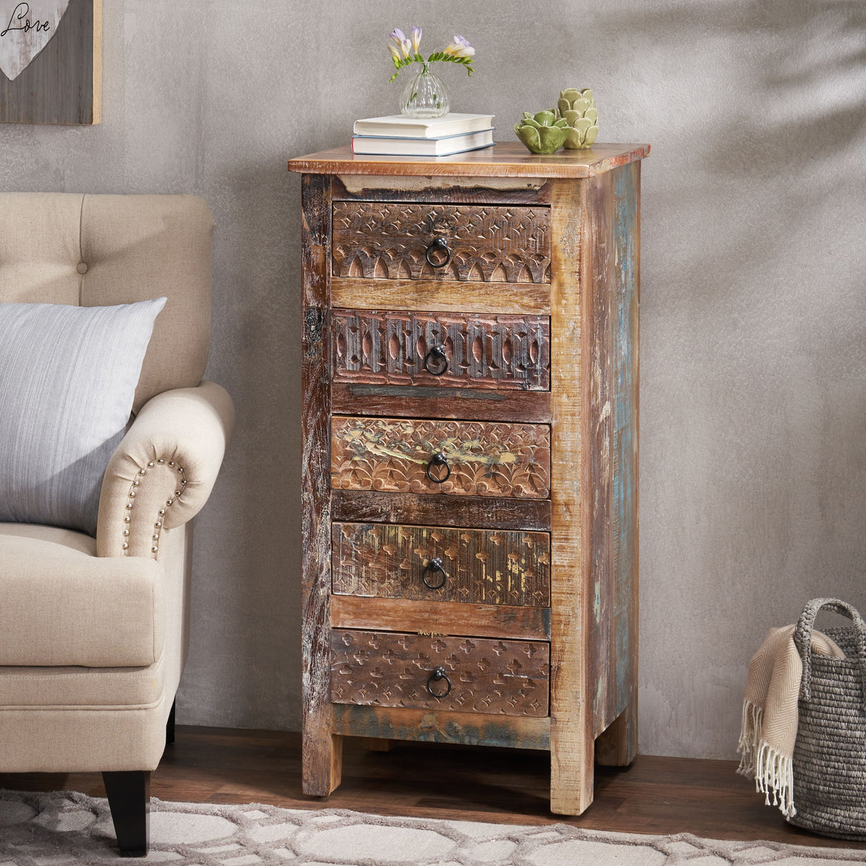 Swint Boho Handcrafted 5 Drawer Chest by Christopher Knight Home - 20.00" W x 16.00" D x 41.00" H