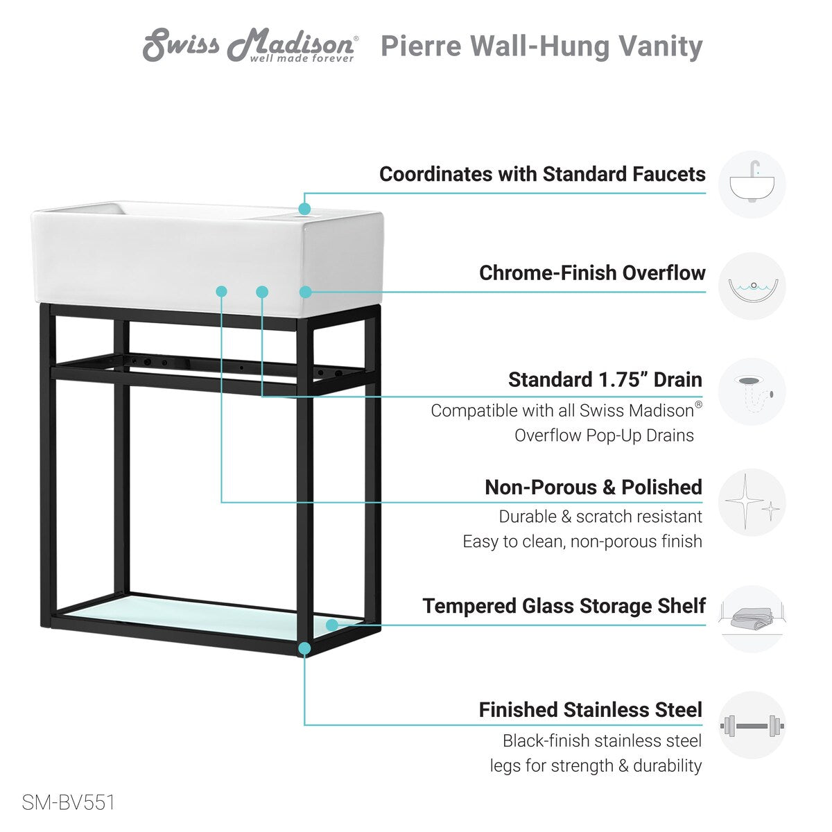 Swiss Madison Pierre 19.5" Single, Metal Frame, Open Shelf, Bathroom Vanity
