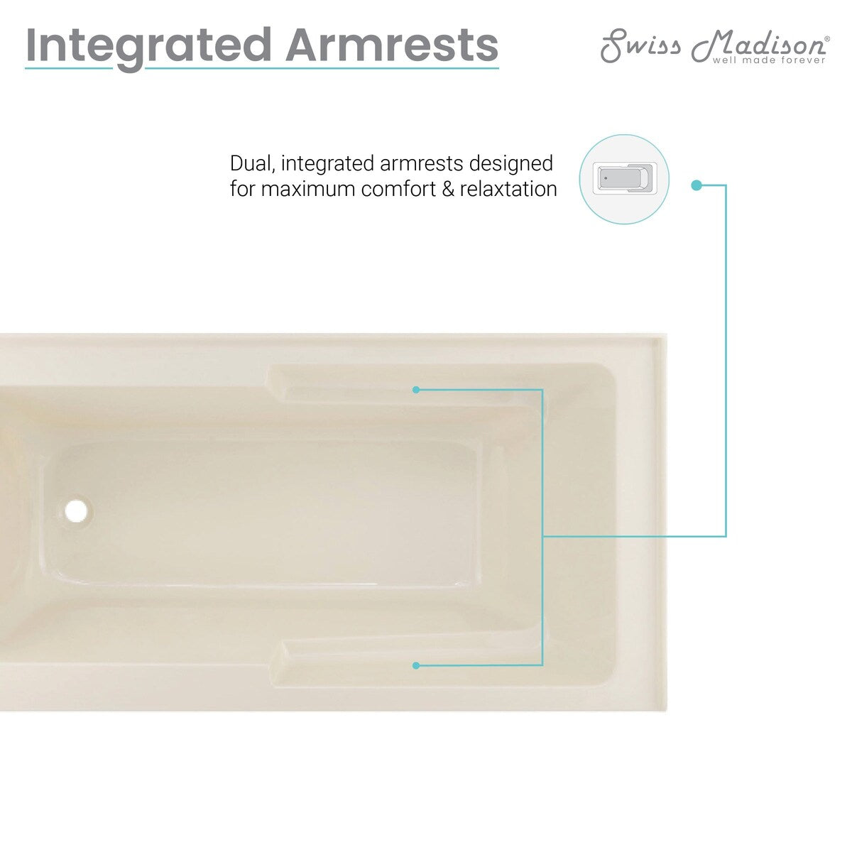 Swiss Madison Voltaire, Acrylic White, Alcove, Integral Armrest, Bathtub with Apron