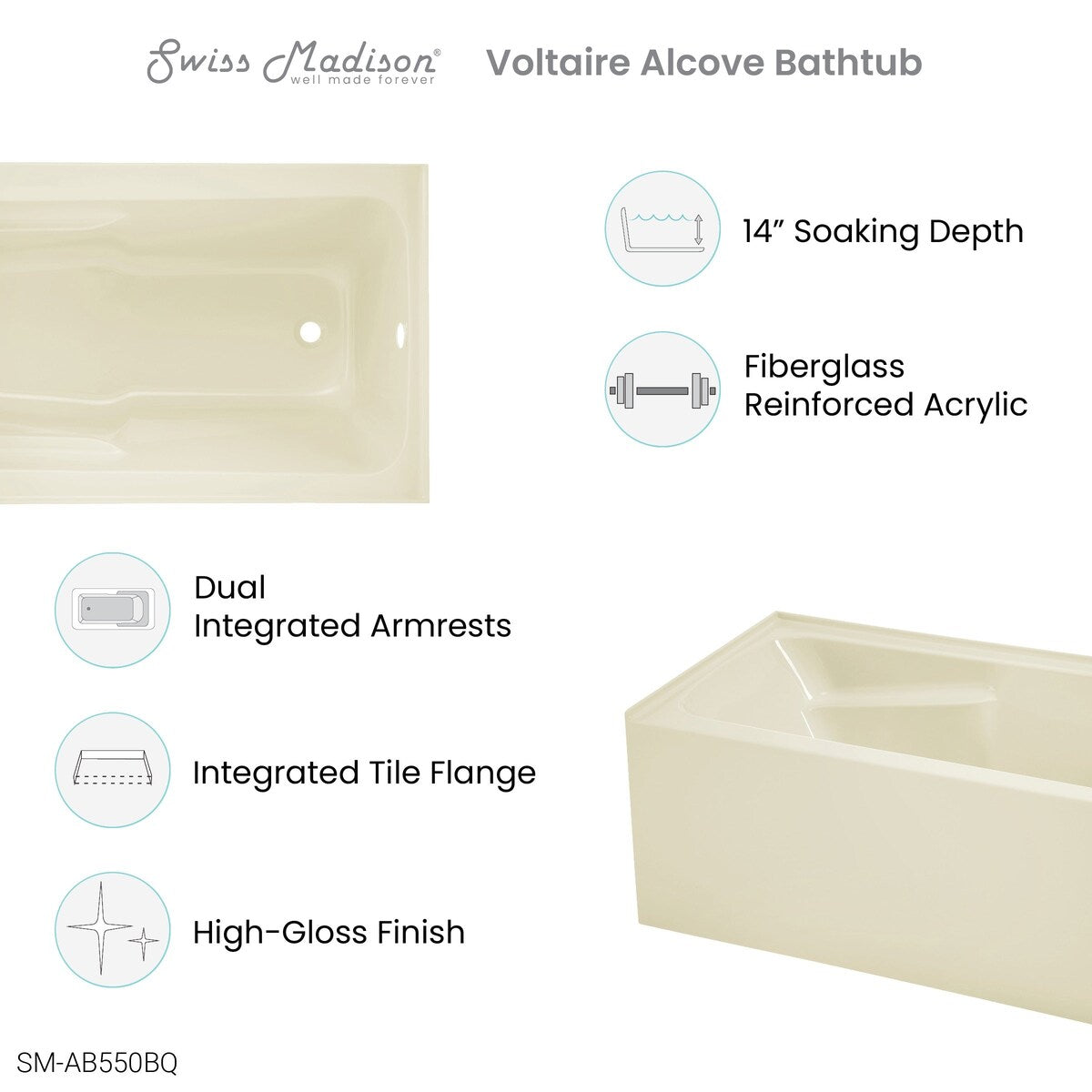 Swiss Madison Voltaire, Acrylic White, Alcove, Integral Armrest, Bathtub with Apron