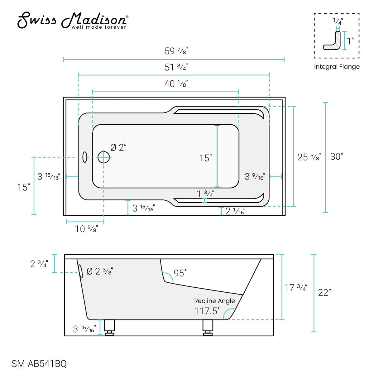 Swiss Madison Voltaire, Acrylic White, Alcove, Integral Armrest, Bathtub with Apron