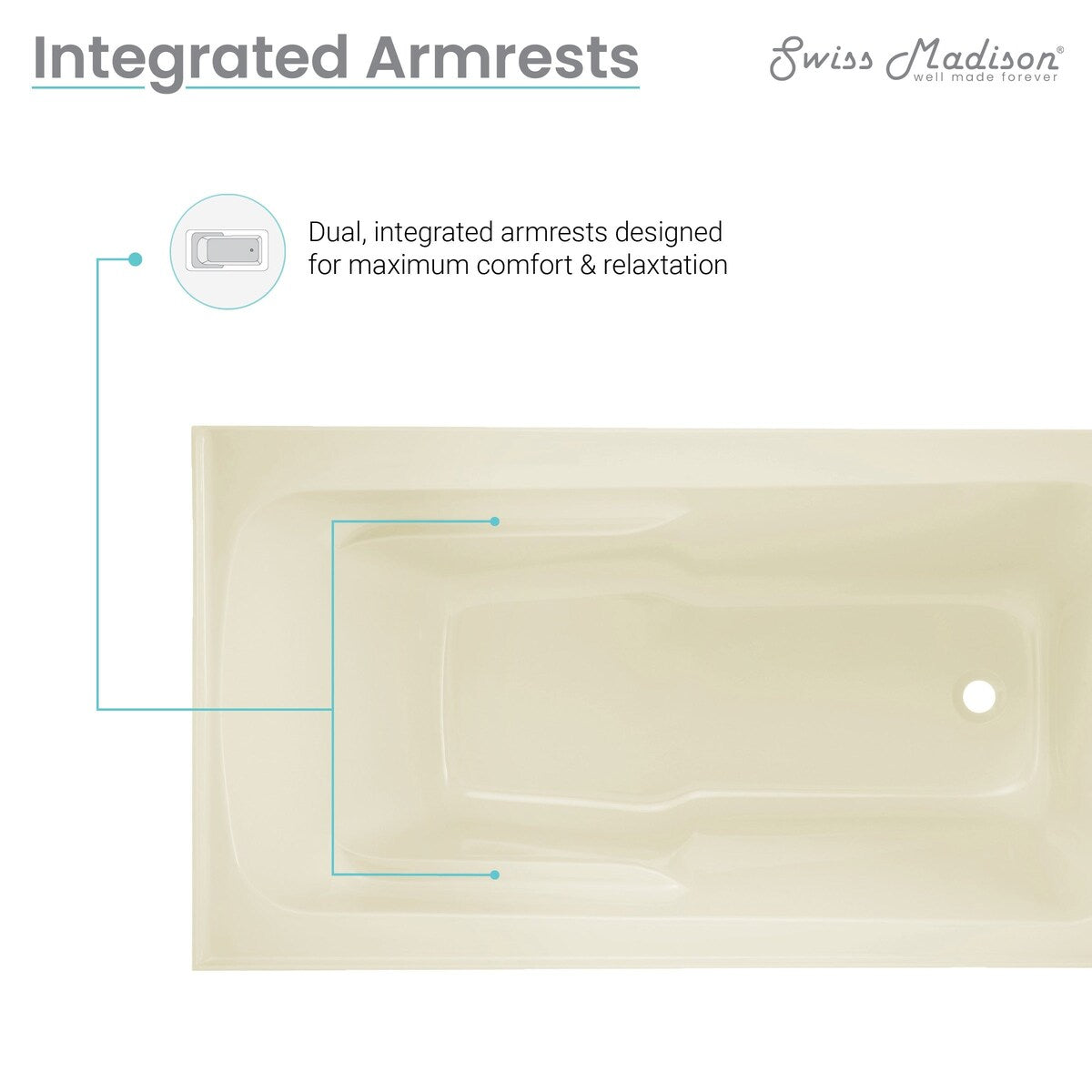 Swiss Madison Voltaire, Acrylic White, Alcove, Integral Armrest, Bathtub with Apron