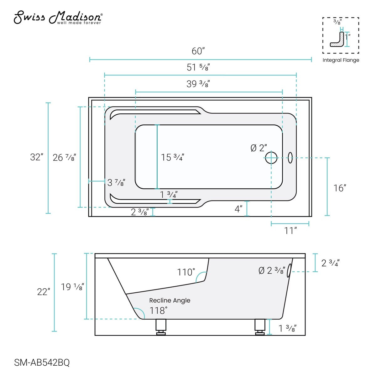 Swiss Madison Voltaire, Acrylic White, Alcove, Integral Armrest, Bathtub with Apron