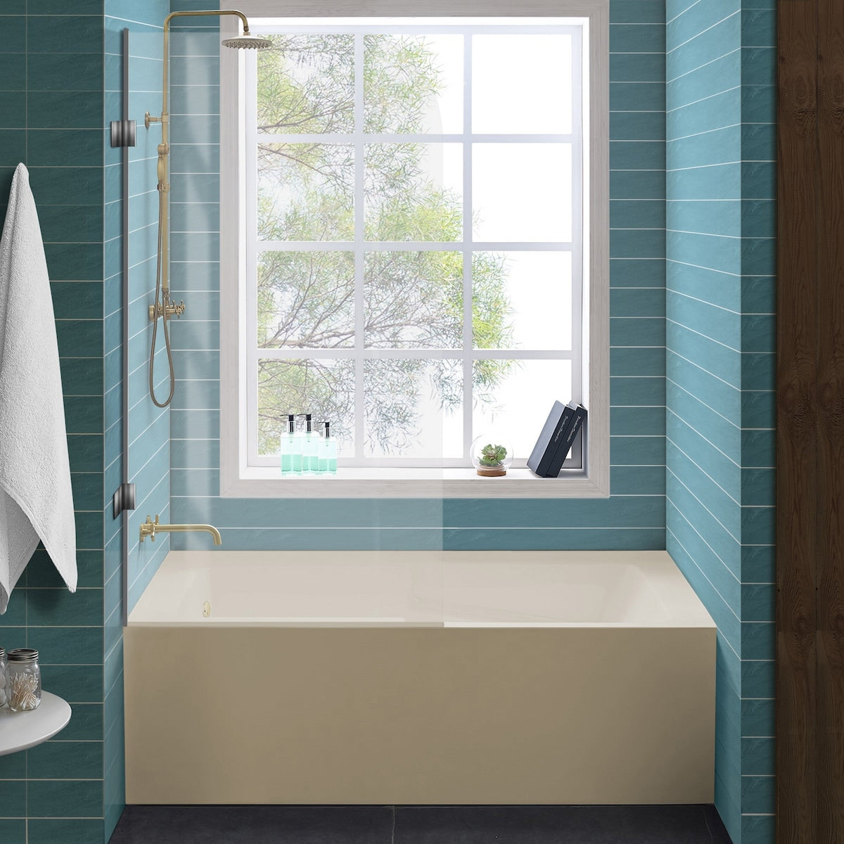 Swiss Madison Voltaire, Acrylic White, Alcove, Integral Armrest, Bathtub with Apron